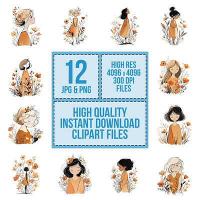 Young Girl Line Art Floral Clipart Set (DDD007603)