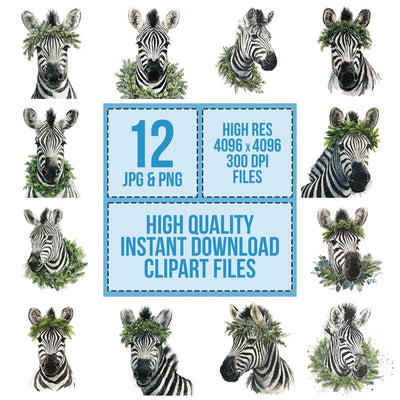 Zebra Christmas Wreath clipart set cover showing the designs and file details